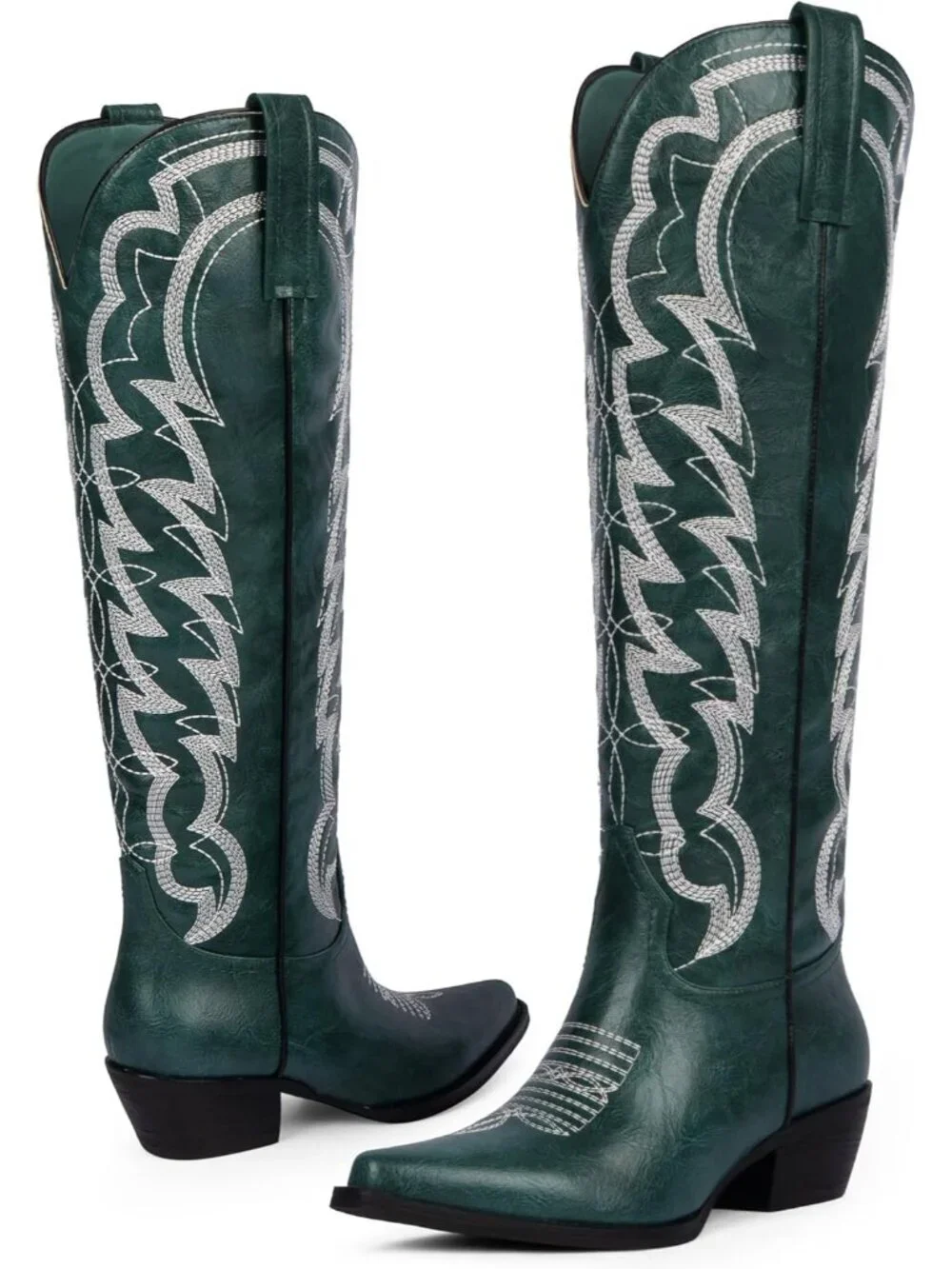 Women's Green Cowboy Knee High Boots Pointed Wide Calf Chunky Heel Cowgirl